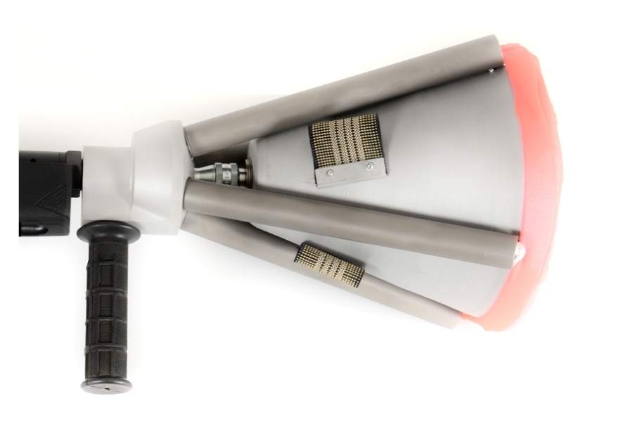 Handheld canister-switch net gun with long stock showing canister mechanism